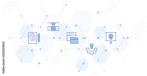 Project Banner Vector Illustration with Icon Style in Between. Line Duotone icon. Containing idea, documentation, projector, briefing