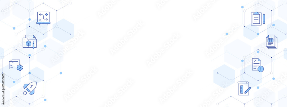 Project Banner Vector Illustration with Two-sided Icon Style. Line Duotone icon. Containing strategy, project, project management, startup, blueprint, new project, research Project Banner Vector Illustration with Two-sided Icon Style. Line Duotone icon. Containing strategy, project, project management, startup, blueprint, new project, research
