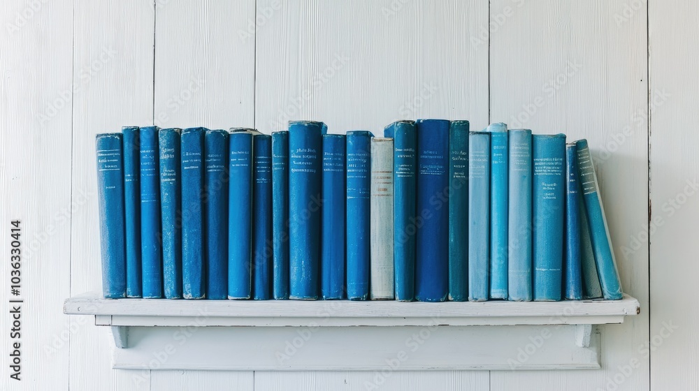 A stack of blue books neatly arranged on a white shelf A stack of blue books neatly arranged on a white shelf