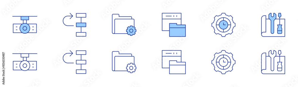 Fototapeta premium Project icon set in two styles, Duotone and Thin Line style. Editable stroke. documentation, project, projector, priority, settings