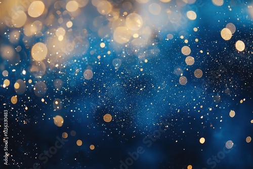 Glittering blue and gold bokeh creating a festive, celebratory backdrop.