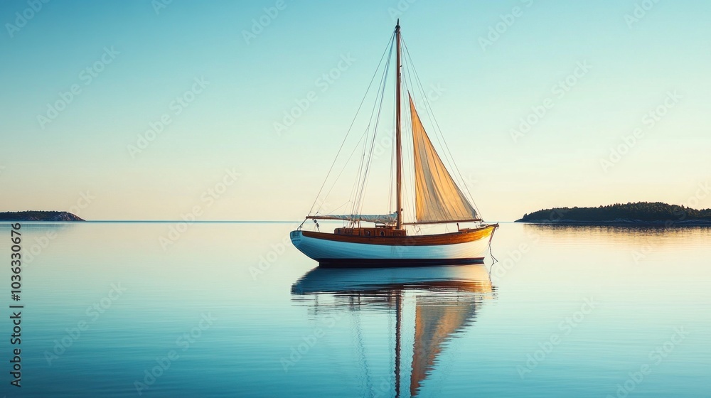 A serene sailboat anchored on calm waters during sunset, reflecting tranquility and nature. A serene sailboat anchored on calm waters during sunset, reflecting tranquility and nature.