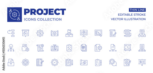 Project icons collection. Thin Line icons, editable stroke. blueprint, file, development, gear, presentation, project, priority, project management, strategy, use case