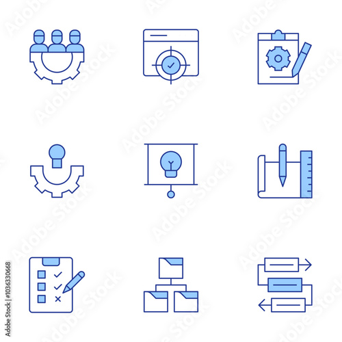 Project icons set. Line Duotone style, editable stroke. idea, check list, use case, productivity, target, research, sketch, workflow