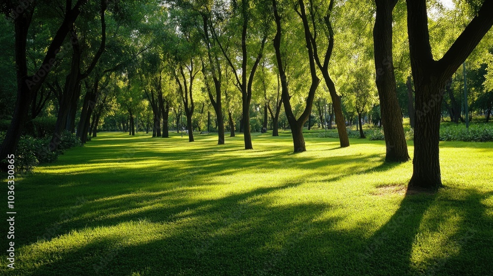 Obraz premium A tranquil green park with walking paths, shaded by rows of large trees.
