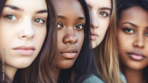 Group of four young women or teenage girls, diverse ethnicities, close-up of faces, sad or anxious, dealing with life’s stress and dissatisfaction. African, Caucasian, Hispanic, and Indian, ages 15-21