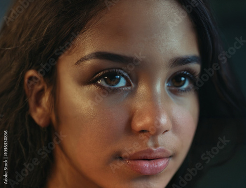 Teenage girl with light tanned skin and dark brown eyes, slim, attractive, close-up face portrait, tropical flair, Arabic-Indonesian, youthful and expectant, motivated, coming-of-age, multicultural