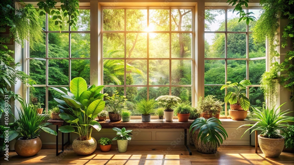 Sunlight Streaming Through a Window Onto a Collection of Lush Greenery, Creating a Serene and Inviting Atmosphere Sunlight Streaming Through a Window Onto a Collection of Lush Greenery, Creating a Serene and Inviting Atmosphere