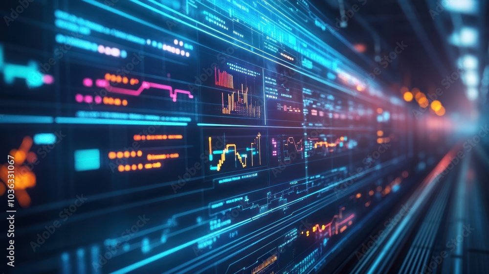 Train rail network engineering illustrated by virtual data panels used by engineers for smart transportation control Train rail network engineering illustrated by virtual data panels used by engineers for smart transportation control