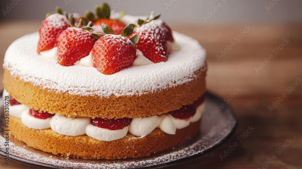 Close up of classic victoria sponge cake with cream and strawberry filling Close up of classic victoria sponge cake with cream and strawberry filling