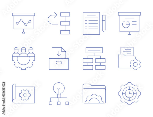 Project icons. Thin Line style, editable stroke. presentation, project, priority, project management, briefing, delegate, folder, physics, productivity