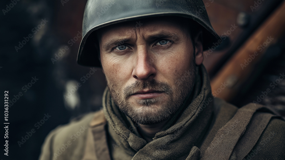 Classic Portrait of Soldier with Helmet in World War 1914 Classic Portrait of Soldier with Helmet in World War 1914