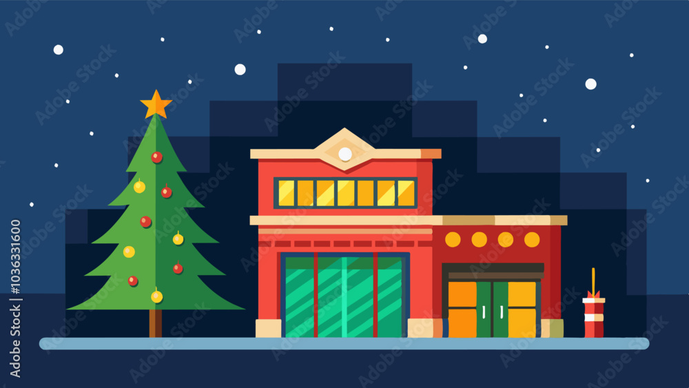 The local fire station proudly displays their towering Christmas tree and illuminates their building with a colorful light display.. Vector illustration The local fire station proudly displays their towering Christmas tree and illuminates their building with a colorful light display.. Vector illustration