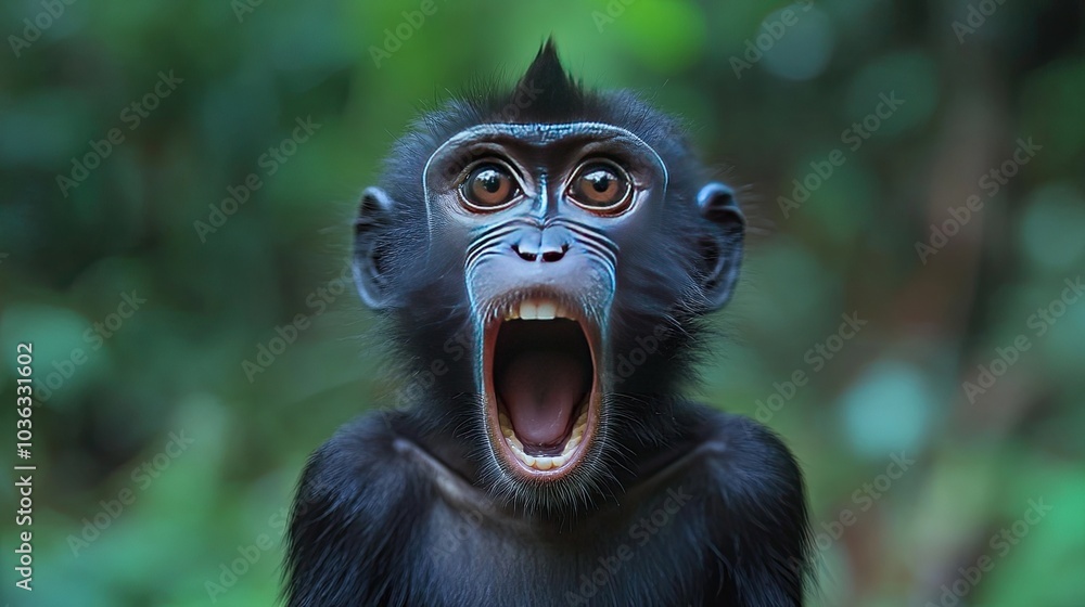 The mouth of the celebes crested macaque is open. close-up of a person against a natural green backdrop. Black ape, Sulawesi crested macaque, or crested black macaque. natural surroundings. Island of The mouth of the celebes crested macaque is open. close-up of a person against a natural green backdrop. Black ape, Sulawesi crested macaque, or crested black macaque. natural surroundings. Island of