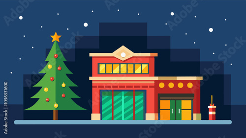 The local fire station proudly displays their towering Christmas tree and illuminates their building with a colorful light display.. Vector illustration