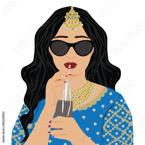 vector Indian bride cartoon in traditional dress unique posing for wedding invitation card design or welcome boards	