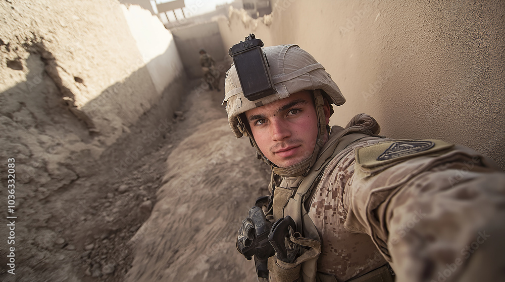 Fototapeta premium Frontline Selfie Soldier Documenting War Zone Experience