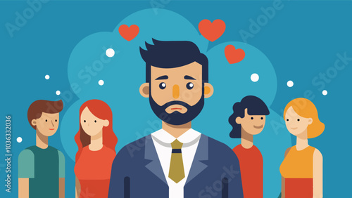 Societys expectations of the ideal create a sense of inadequacy leading the man to shy away from intimate relationships.. Vector illustration