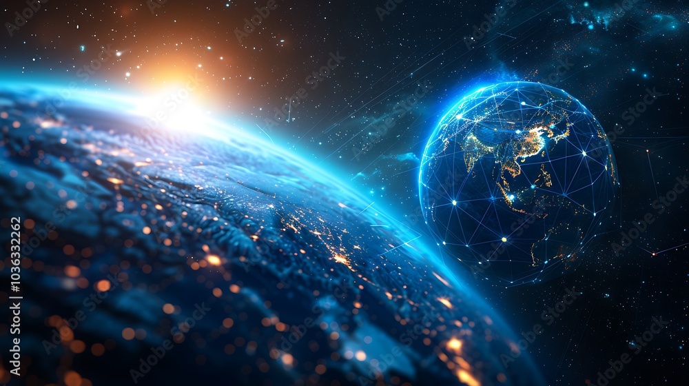 A stunning view of Earth from space, showcasing a glowing atmosphere and interconnected networks. A stunning view of Earth from space, showcasing a glowing atmosphere and interconnected networks.