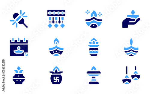 Diwali icon set. Bold style. Duotone colors. decoration, oil lamp, kumbh kalash, diwali lamp, spark, calendar, candle