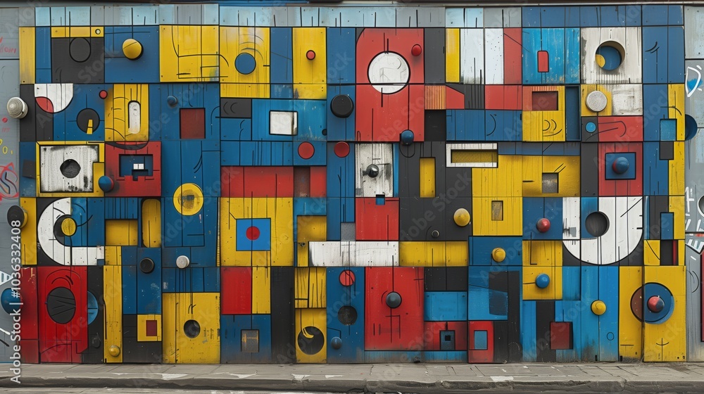 Vibrant and dynamic street art with colorful geometric shapes and patterns in an urban environment Vibrant and dynamic street art with colorful geometric shapes and patterns in an urban environment