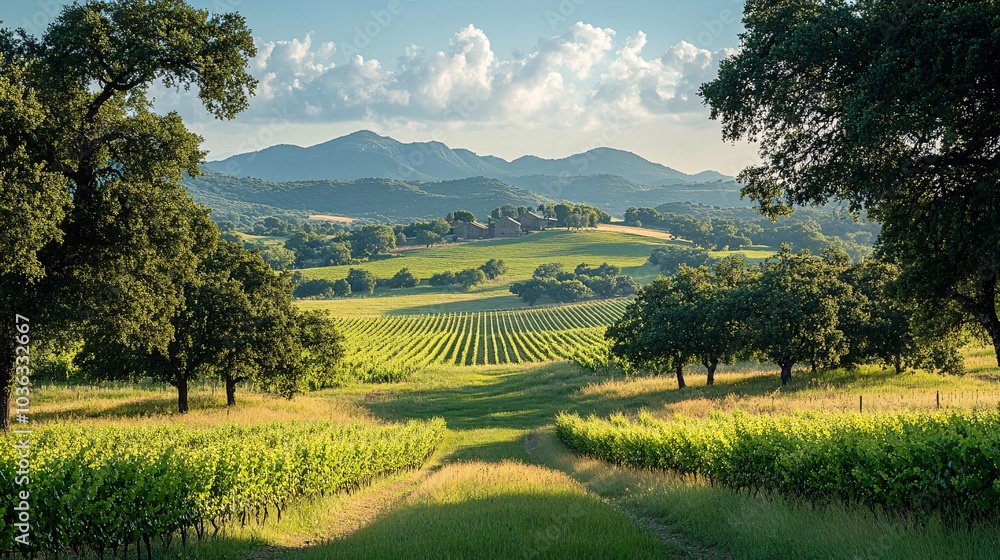 Obraz premium Scenic Green Grassland with Scattered Trees and Mountains