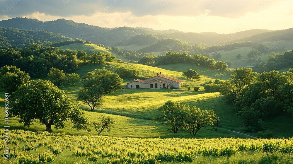 Obraz premium Serene Green Grassland with Scattered Trees