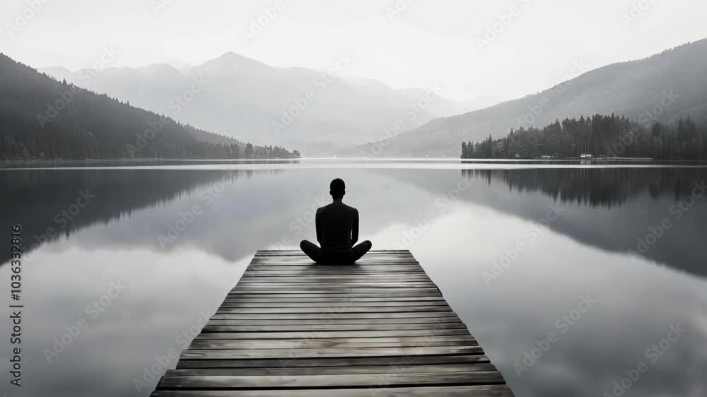 A person meditates on a wooden dock overlooking a calm lake and mountains A person meditates on a wooden dock overlooking a calm lake and mountains