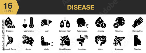 Disease solid icon set. Includes tuberculosis, stroke, stomach cancer, pancreas, obesitas, and More. Solid icons vector collection.