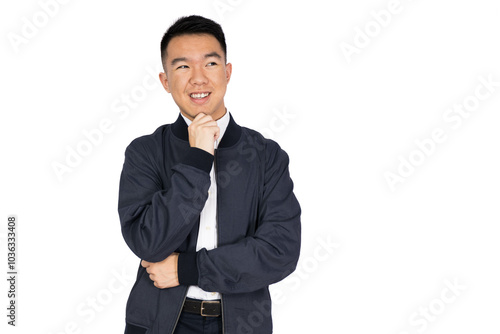 A young business man with hand on chin thinking