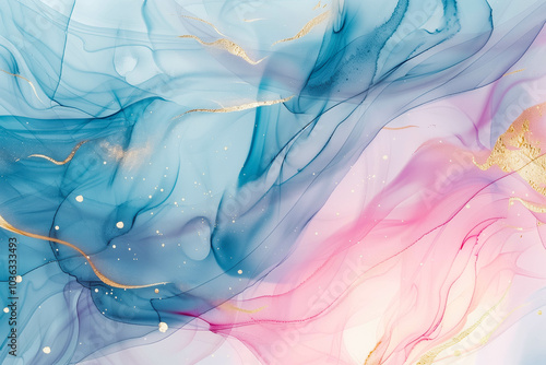 Abstract watercolor paint background illustration - Soft pastel pink blue color and golden lines, with liquid fluid marbled paper texture