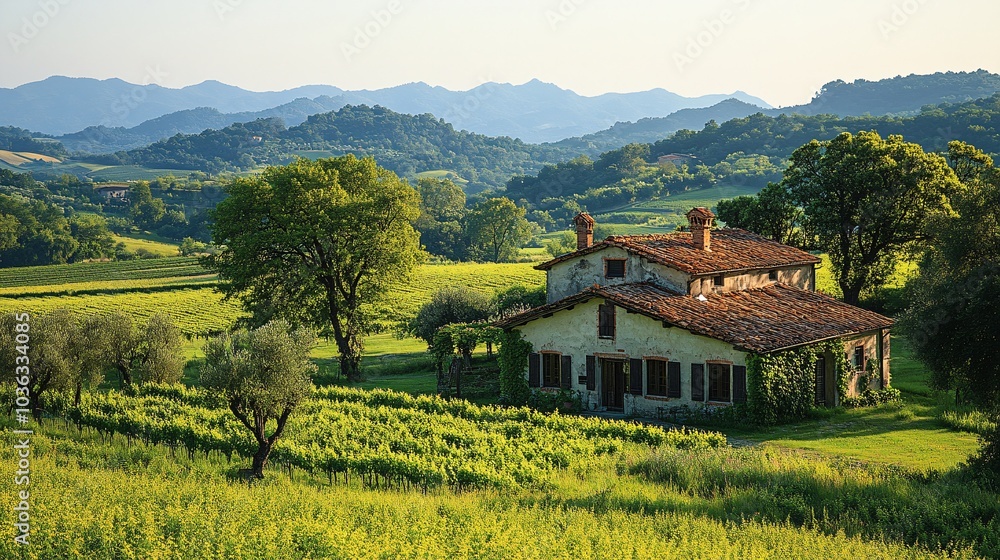 Obraz premium Serene Grassland Surrounded by Trees and Mountains