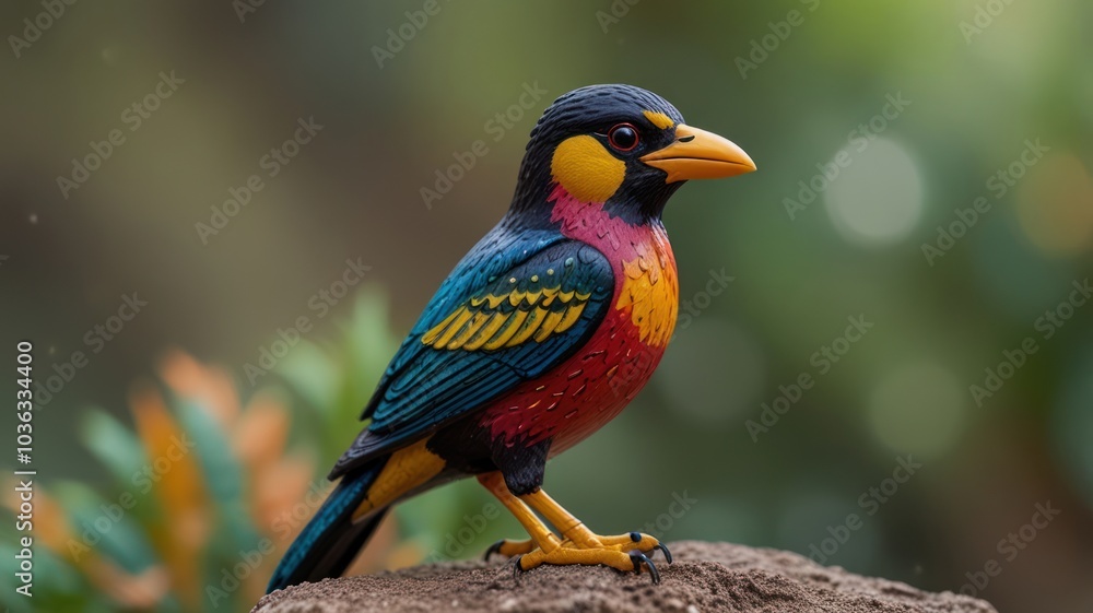 Obraz premium A colorful bird with black, yellow, red, and blue plumage perches on a rock with a blurred green background.