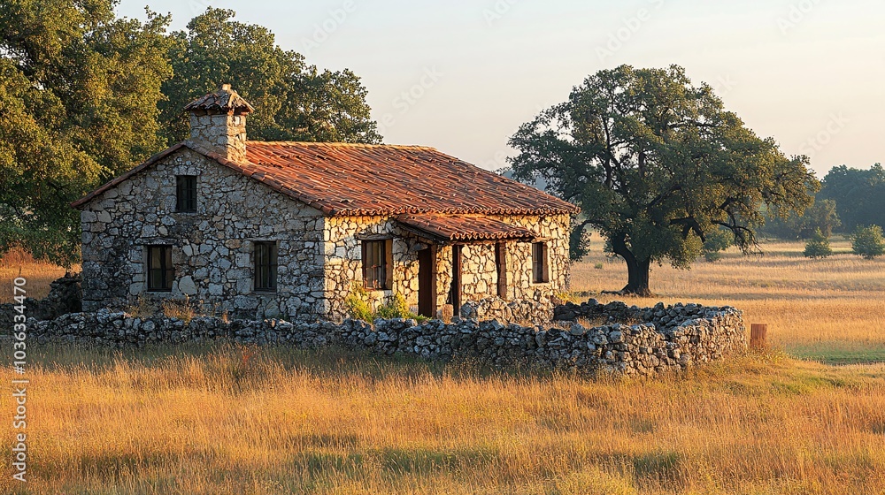 Rustic Stone Winery in Serene Flat Landscape Rustic Stone Winery in Serene Flat Landscape