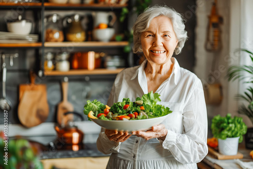 Aged woman smiling happily and holding a healthy vegetable salad bowl on blurred kitchen background, with copy space.