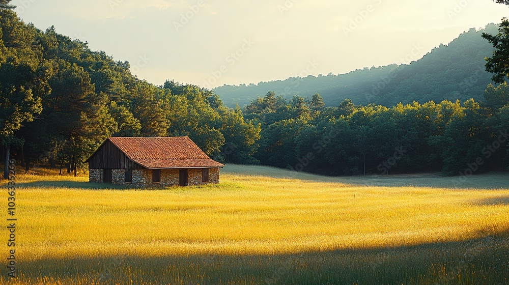 Serene Rustic House in Peaceful Grassland Landscape Serene Rustic House in Peaceful Grassland Landscape