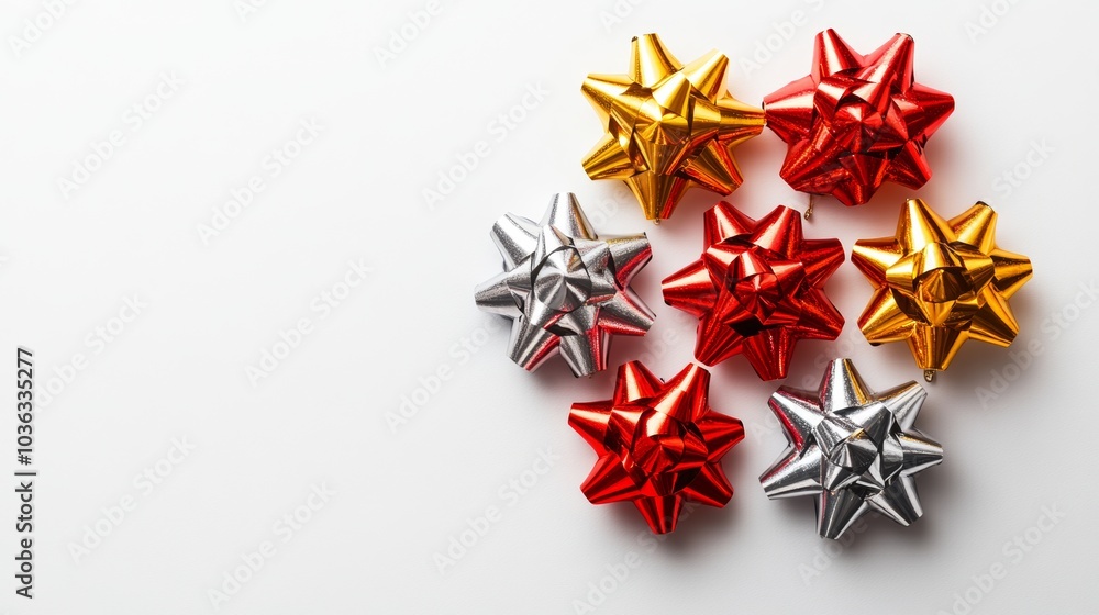 Festive Red Gold Silver Gift Bows on White Background Festive Red Gold Silver Gift Bows on White Background