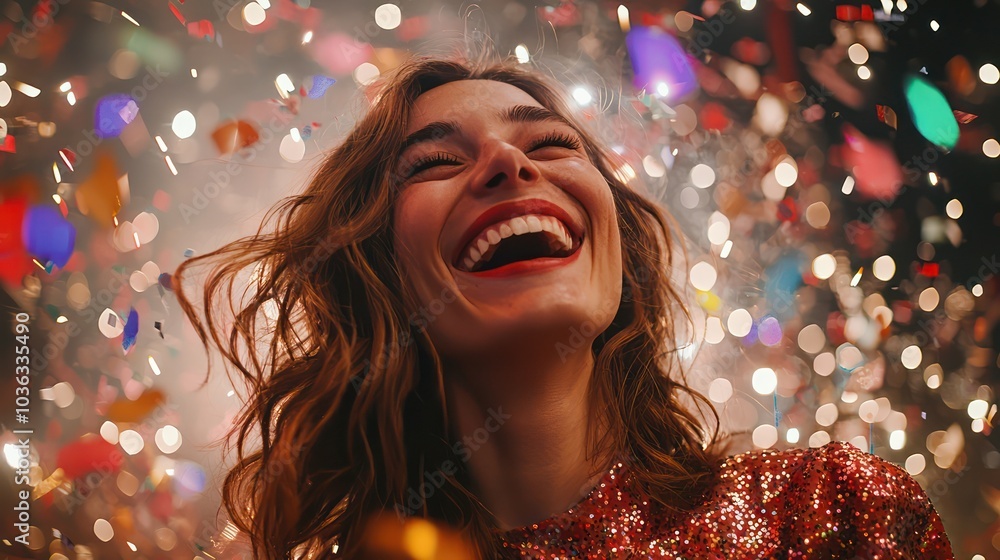 Party scene with a young woman laughing amidst fireworks. Party scene with a young woman laughing amidst fireworks.