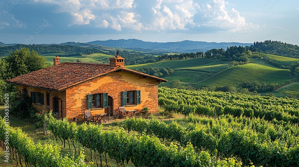 Fototapeta premium Scenic Winery in Grassy Plain Surrounded by Hills