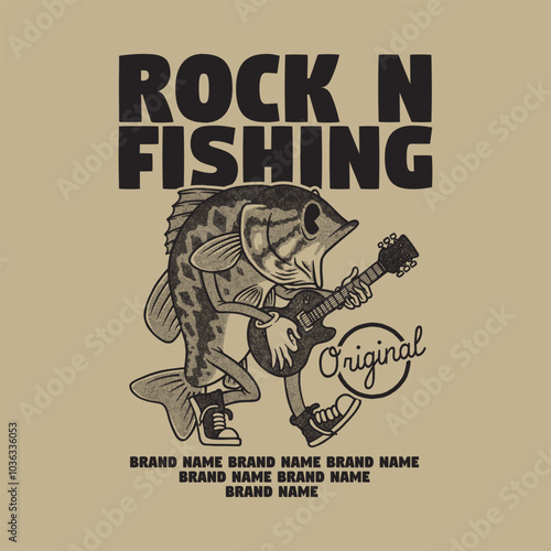 retro cartoon emblem of bass fish playing guitar