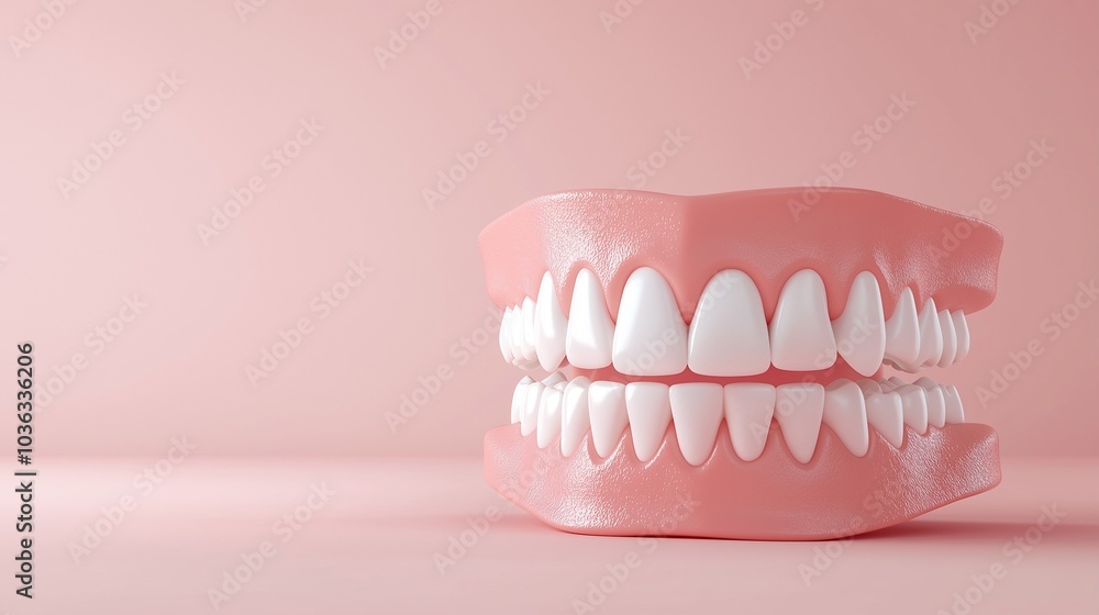 Set of realistic dentures on a pink background, dental model display. Set of realistic dentures on a pink background, dental model display.
