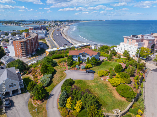 Atlantic district aerial view along the coast near Nantasket Beach in historic town center of Hull, Massachusetts MA, USA.  photo