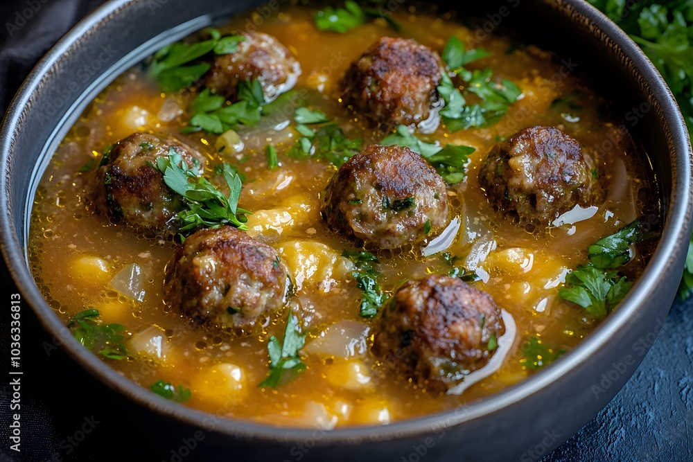 A bowl of meatballs in a flavorful broth garnished with fresh herbs. A bowl of meatballs in a flavorful broth garnished with fresh herbs.