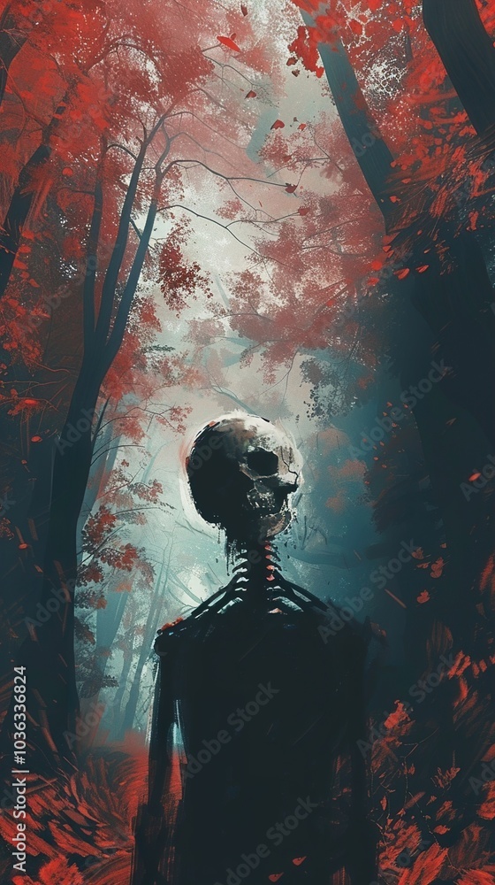 Skeleton in the Foggy Forest: A Dark and Mystical Painting Skeleton in the Foggy Forest: A Dark and Mystical Painting