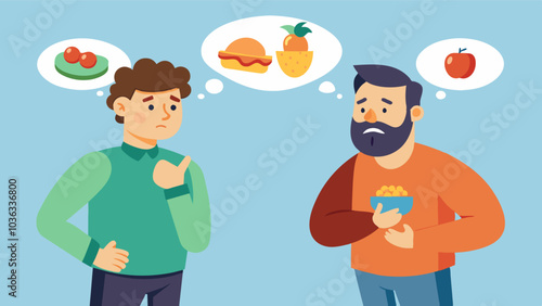 Two men having a conversation one feeling guilty for cheating on his diet and the other praising him for his discipline perpetuating a toxic cycle of shame and validation through. Vector illustration