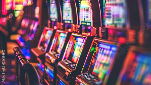 A vibrant interior of a casino featuring rows of colorful slot machines.