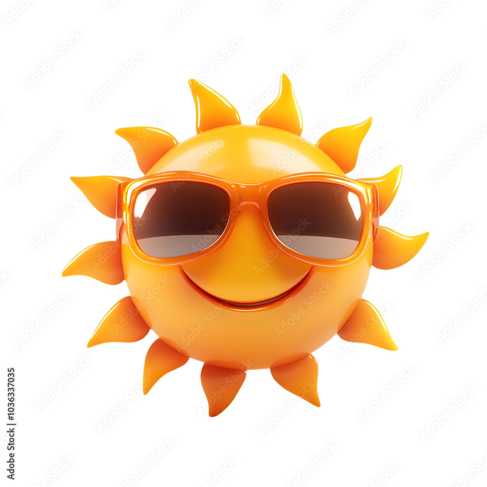 Cute 3D Yellow Sun with Smiling Face in Black Sunglasses: Bright yellow sun with a cheerful smile, radiating joy and affection, suitable for expressing summer and vacation Cute 3D Yellow Sun with Smiling Face in Black Sunglasses: Bright yellow sun with a cheerful smile, radiating joy and affection, suitable for expressing summer and vacation