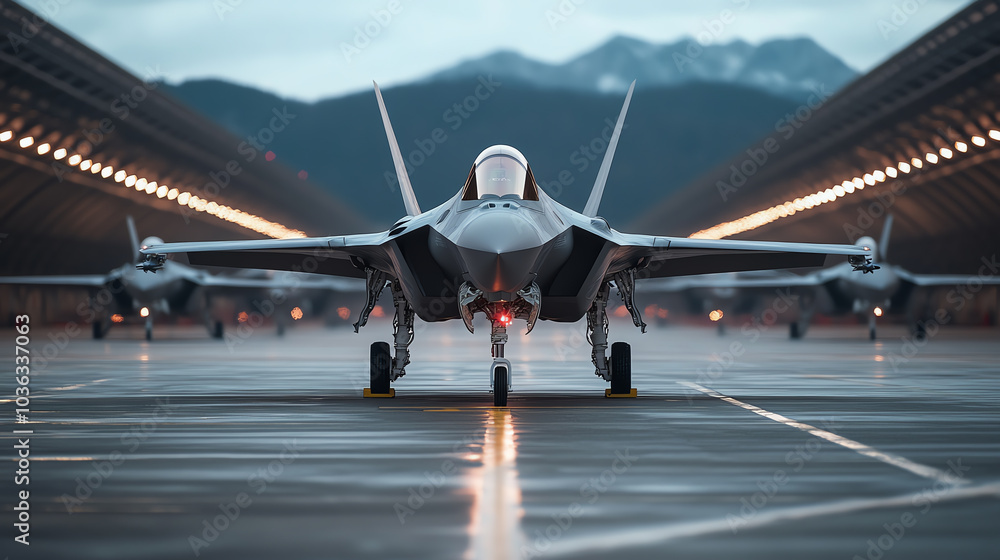 A fighter jet in front of a hangar with mountains in the background, showcasing advanced aviation technology and military strength.