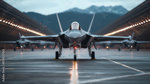 Obraz na płótnie A fighter jet in front of a hangar with mountains in the background, showcasing advanced aviation technology and military strength. w salonie