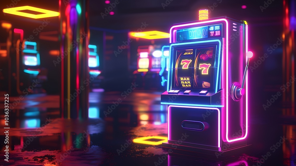 Naklejka premium A vibrant neon-lit slot machine in a casino, showcasing colorful lights and a reflective floor.